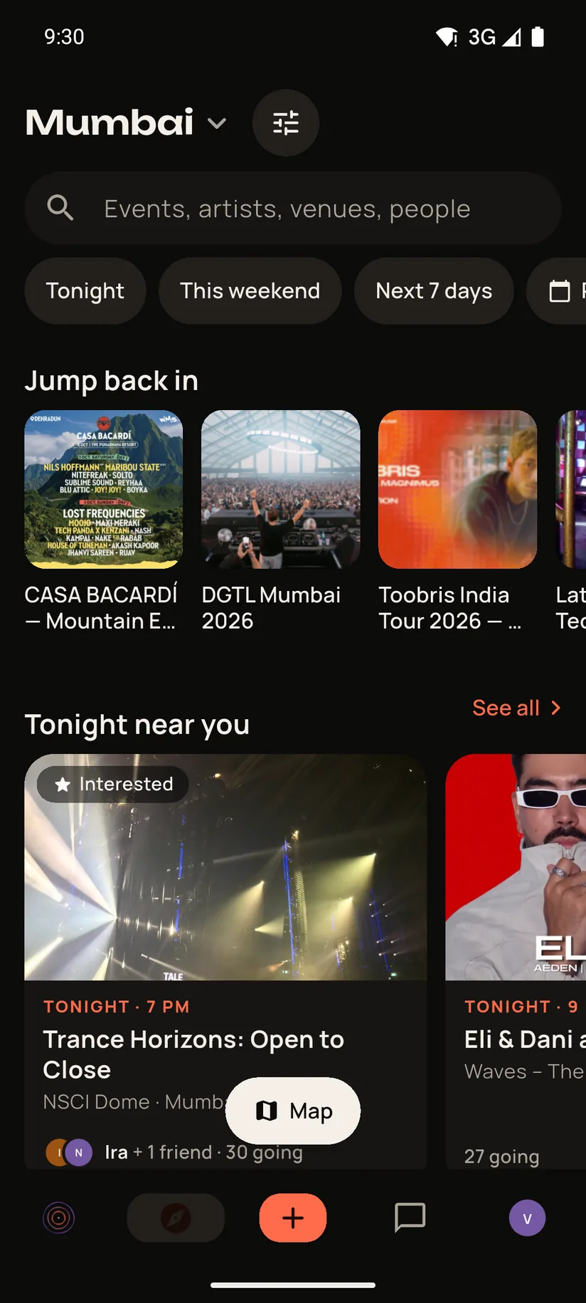 Explore in Mumbai. Jump back in: CASA BACARDÍ Mountain Edition, DGTL Mumbai 2026 and Toobris India Tour 2026. Tonight near you: Trance Horizons: Open to Close at NSCI Dome, 7 PM, with Ira and 1 friend going, 30 going in all.