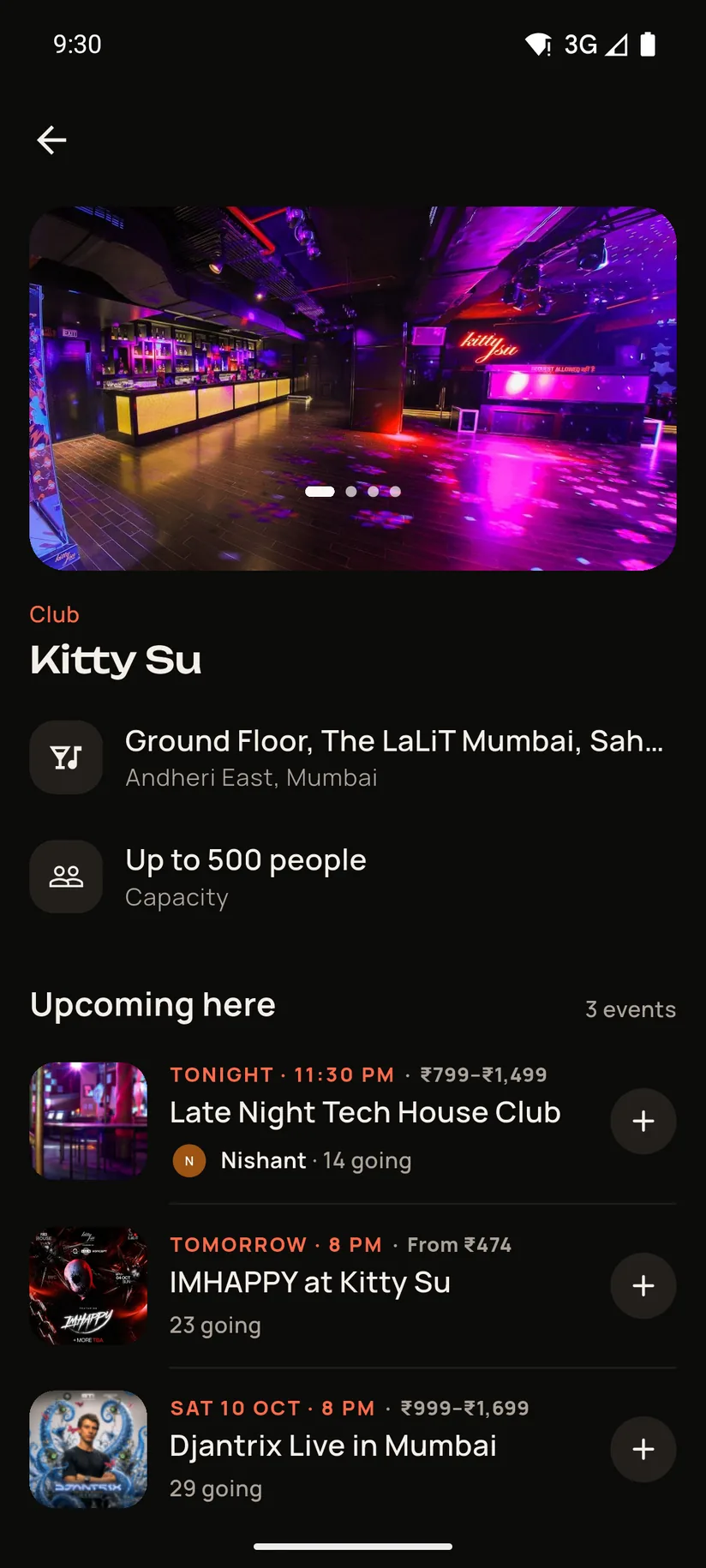 Kitty Su's page: a club in Andheri East, Mumbai, for up to 500 people, with photos of the room. Upcoming here: Late Night Tech House Club tonight at 11:30 PM, IMHAPPY at Kitty Su tomorrow at 8 PM, and Djantrix Live in Mumbai on Saturday 10 October.